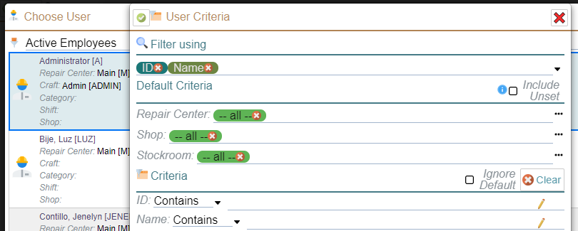 User Criteria Menu